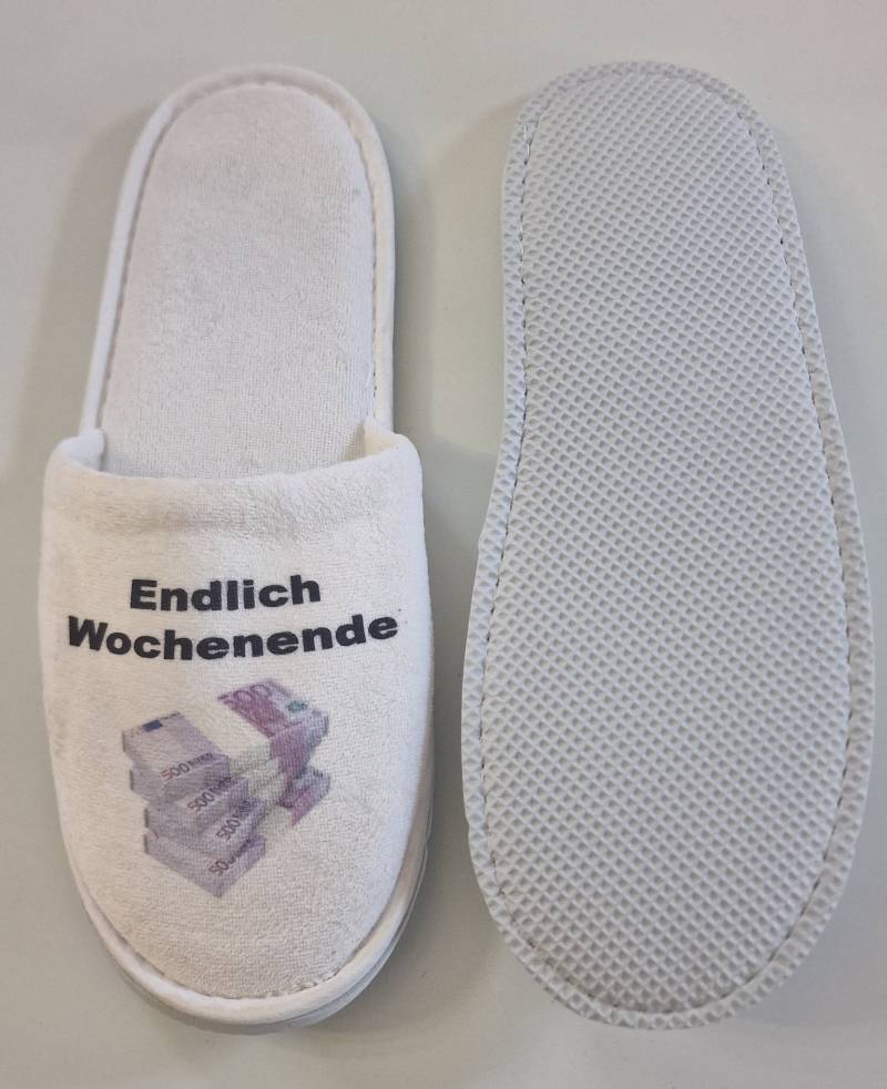 Endlich Wochenende Frottee Slipper Hausschuh Pantoffel Einzugsgeschenk Gag Mitbringsel Geschenk Scherzartikel Bedruckt von Spruchdruck