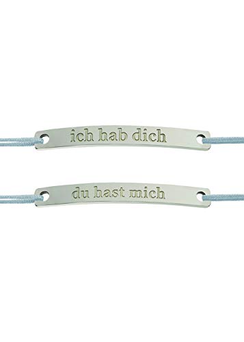 2er Set Geschenkset Sprucharmband Freundschaftsarmband mit Edelstahl Plätchen 3x34 mm, verstellbares Textilband in hellgrau: Ich hab dich, du hast mich von Spruchketten BY LIEBLICHKEITEN