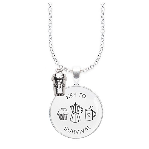 Spruchketten BY LIEBLICHKEITEN Nickelfreie Sterlingsilber-Legierung 80 cm mit Anhänger Spruch in 2,5cm großer Glaslinse und Charm Coffee: Key to Survival von Spruchketten BY LIEBLICHKEITEN