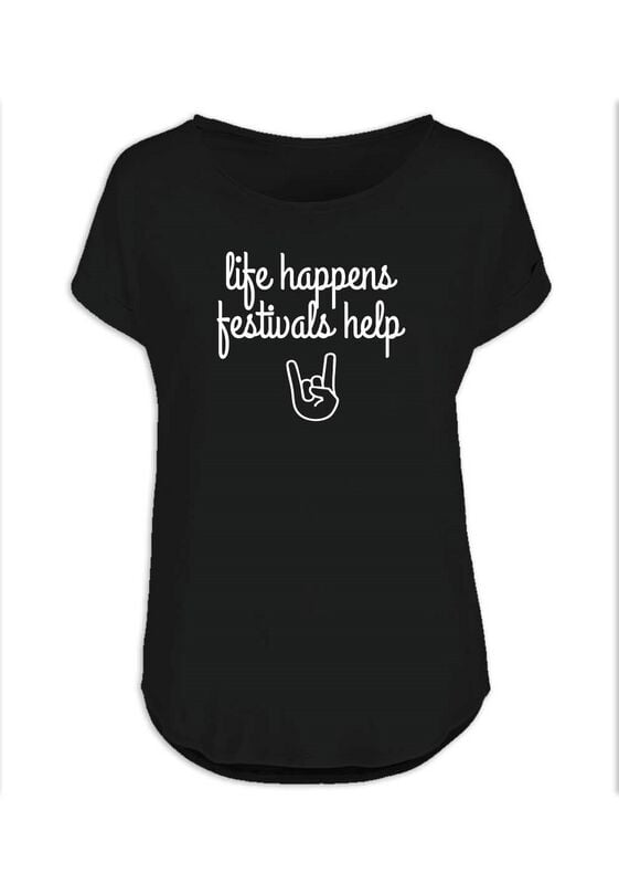 Sprüche Life Happens, Festivals Help T-Shirt schwarz in L von Sprüche