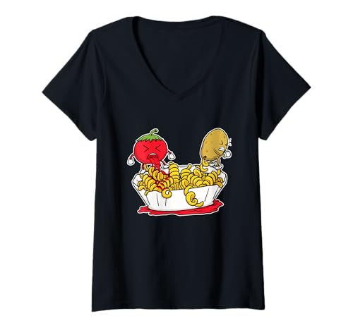 Damen Tomaten- und Kartoffel-Food Fight T-Shirt mit V-Ausschnitt Damen Tomaten- und Kartoffel-Food Fight T-Shirt mit V-Ausschnitt von Spud & Sauce Potato