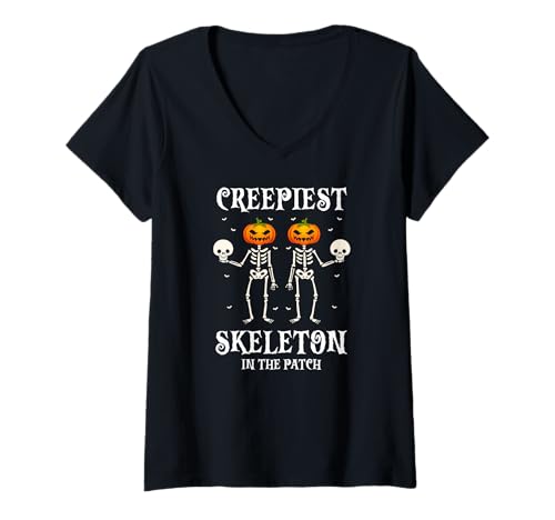 Damen Gruseligster Kürbis-Skelett Halloween Spaß T-Shirt mit V-Ausschnitt von Spukige Kürbis-Skelett Fans