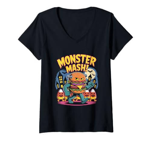 Damen Halloween Monster Mash Burgermonster Nachtparade T-Shirt mit V-Ausschnitt von Spuknacht Grusel Party Halloween Monster
