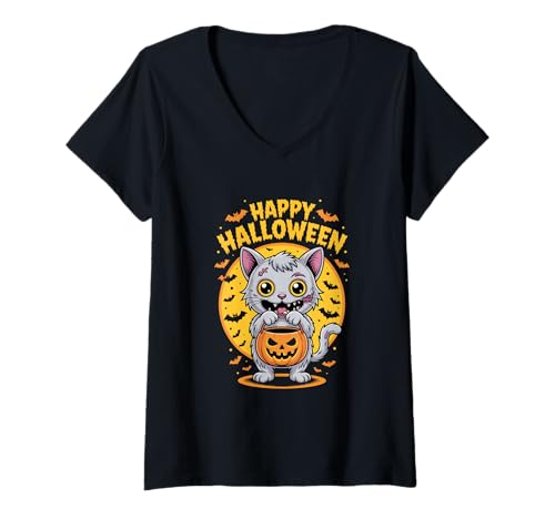 Damen Happy Halloween Zombie Katze Mond Fledermäuse T-Shirt mit V-Ausschnitt von Spuknacht Halloween Katze Fledermäuse Kürbis Mond