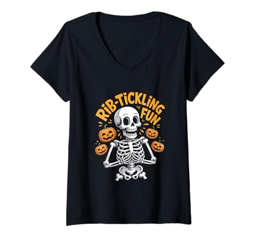Damen Halloween Skelett Rib Tickling Fun Kürbis Party T-Shirt mit V-Ausschnitt von Spuknacht Halloween Skelett Kürbis Humor