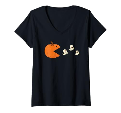 Damen Kürbis gegen Geister Arcade-Halloween-Parodiehumor T-Shirt mit V-Ausschnitt Damen Kürbis gegen Geister Arcade-Halloween-Parodiehumor T-Shirt mit V-Ausschnitt von Spukspiel Mashup für Retro-Halloween-Fans