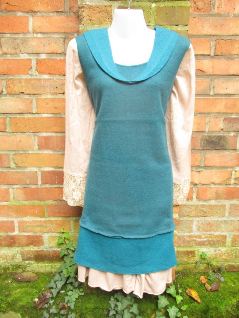 Kleid Gefilzt Gewalkt Tunika Wolle Filzwolle Schurwolle Wollkleid M Xl Xxl Petrol Blau Merinowolle von SpunkLaden
