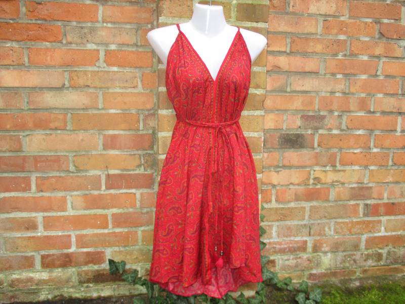 Shirt Top Hängerchen Kleid Bluse Sommer Seide Bunt Elfe Goa Midi Hippie Free Rot Rückenfrei von SpunkLaden