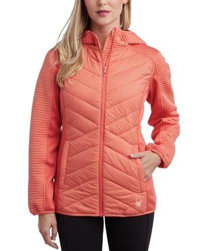 Spyder Damen Puffer Jacke Gemischte Fleece Isolierter Wintermantel mit Taft Einsätzen Gesteppte Kapuzenjacke für Frauen (S-XL), Koralle, XL von Spyder