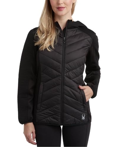 Spyder Damen Puffer Jacke Gemischte Fleece Isolierter Wintermantel mit Taft Einsätzen Gesteppte Kapuzenjacke für Frauen (S-XL), Schwarz, L von Spyder