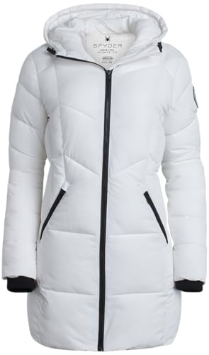 Spyder Damen Pufferjacke – gemütliche lange Pufferjacken mit Kapuze für Frauen mit Eingriffstaschen – weiche Stretch-Bubble-Jacke S-XL, Weiss/opulenter Garten, Small von Spyder