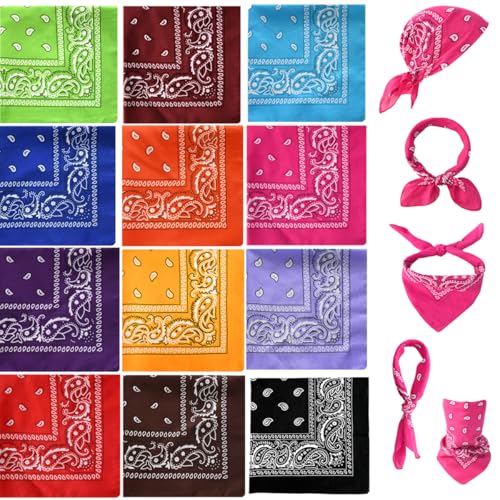 Spydge 12 stück Bandanas Mischfarben Kopftuch Unisex Neuheit Cowboy Halstuch für Damen Herren für Modekoordinate Ansatz Handgelenk Kopf Biker kopftücher von Spydge