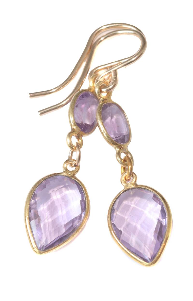 Amethyst Ohrringe Bezel Set 14 Gold Filled Große Teardrop Bezeled Double Hing Lavender Classic Simple Design Facettiert von Spyglassdesigns