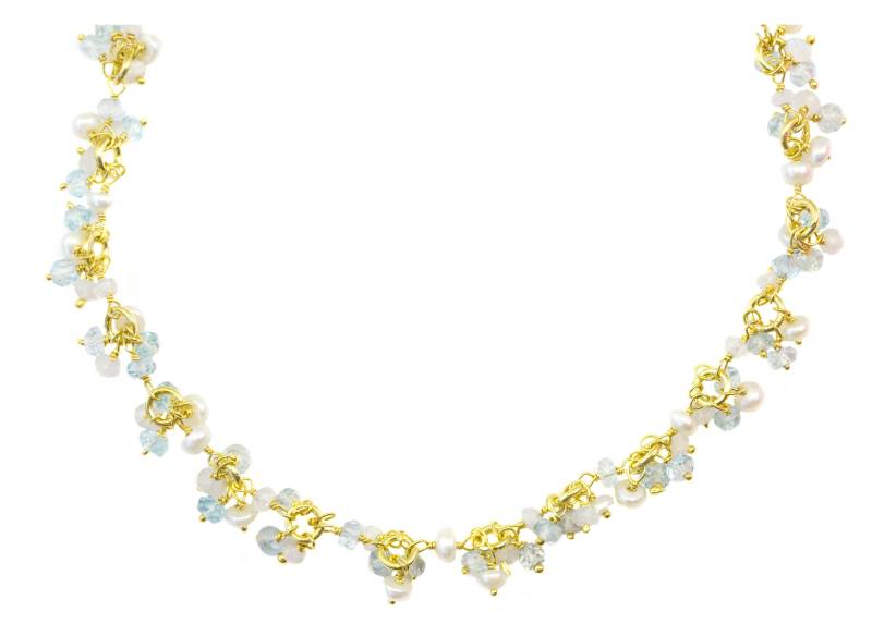 Aquamarin Halskette Natürliche Blaue 14K Gold Filled Facettierte Weiße Kleine Süßwasser Zuchtperlen Kette Link 24 Zoll Weich Hellblau Zierlich von Spyglassdesigns