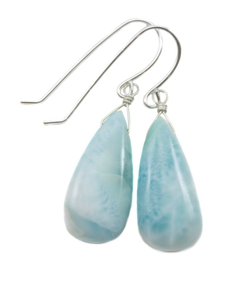 Blau Larimar Ohrringe Natürliche Teardrop Poliert Glatt Einfache Drop Sterling Silber Spyglass Designs Baby Soft Einzigartige Zierliche von Spyglassdesigns