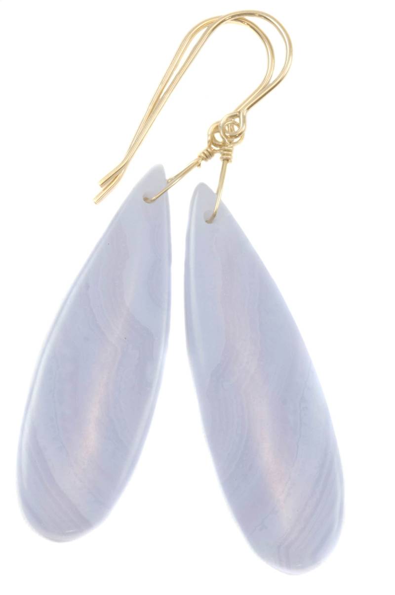Blaue Spitze Achat Ohrringe 585 Solid Gold Oder Filled Sterling Silber Glatte Lange Tropfen Natürliche Streifen Weiche Blaue Einfache 5, 5 cm von Spyglassdesigns