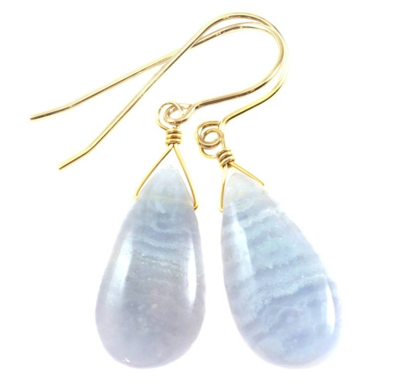 Blaue Spitze Achat Ohrringe 14K Solid Gold Oder Filled Sterling Silber Facettiert Baumeln Tropfen Natürliche Bänderung Weich Blau Einfache 1, 5 Zoll von Spyglassdesigns