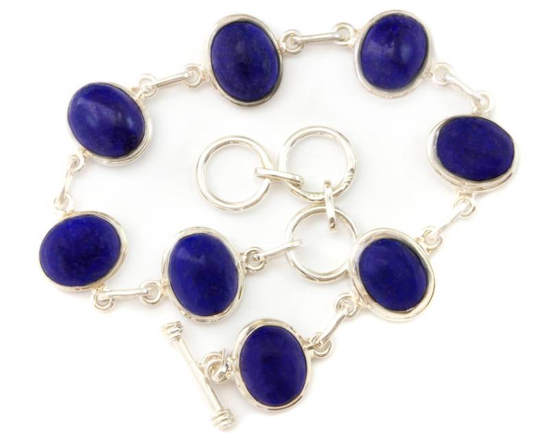 Blauer Lapis Lazuli Armband Lünette Set Sterling Silber Toggle Verschluss Glatt Cabachon 7 8 Zoll Verstellbar Erdigen Natürlichen Reichen Blau von Spyglassdesigns