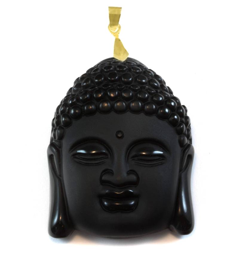 Buddha Halskette Anhänger Schwarzer Geschnitzter Obsidian Sterling Oder Gold Plate Bail Großer Kopf Stein Bezel Set Männer Mann Frauen von Spyglassdesigns