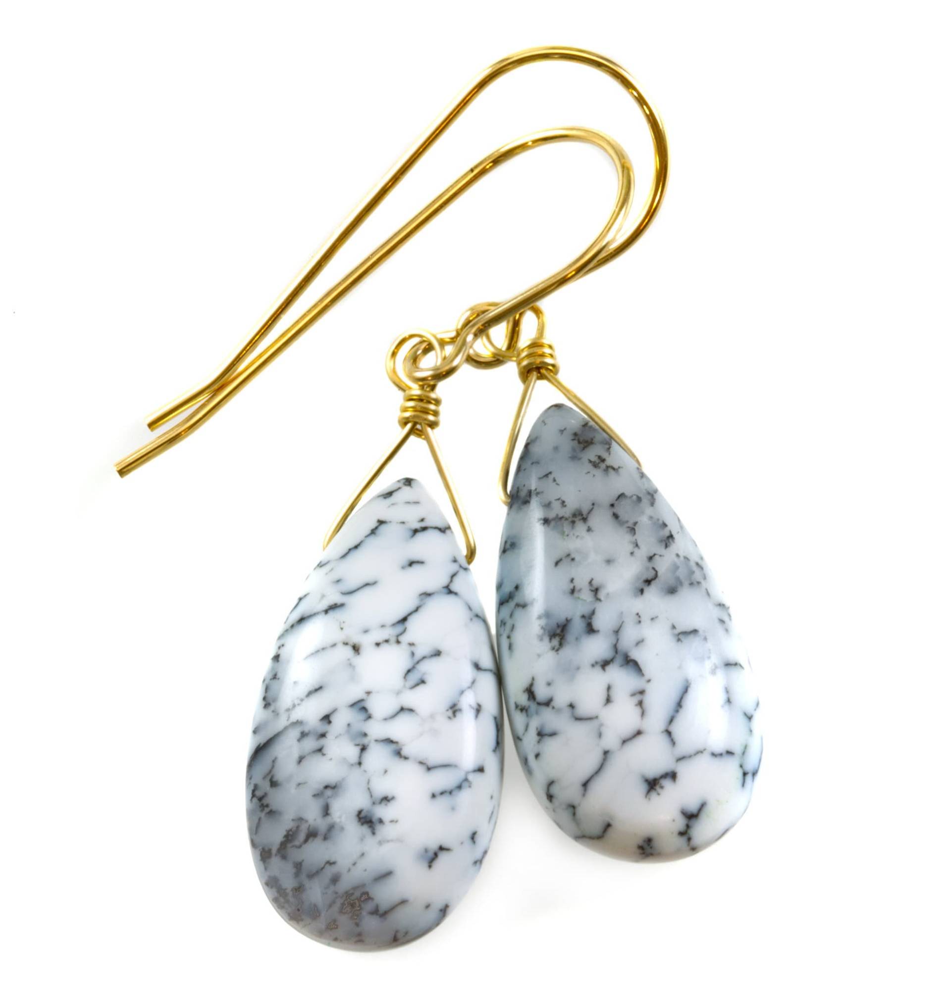 Dendrit Achat Ohrringe 14K Solid Gold Oder Filled Sterling Silber Tropfen Natürliche Marmorierung Weiß Schwarz Einfache 1, 5 Zoll von Spyglassdesigns