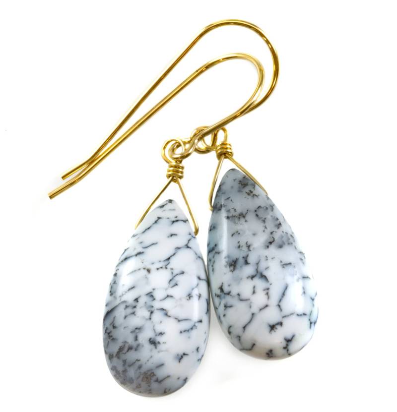 Dendrit Achat Ohrringe 14K Solid Gold Oder Filled Sterling Silber Tropfen Natürliche Marmorierung Weiß Schwarz Einfache 1, 5 Zoll von Spyglassdesigns