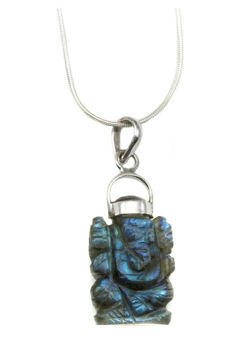 Ganesh Ganesha Elefant Anhänger Halskette Sterling Silber 18 Schlangenkette Kristall Oder Lila Amethyst Quarz Labradorit Hand Geschnitzt von Spyglassdesigns