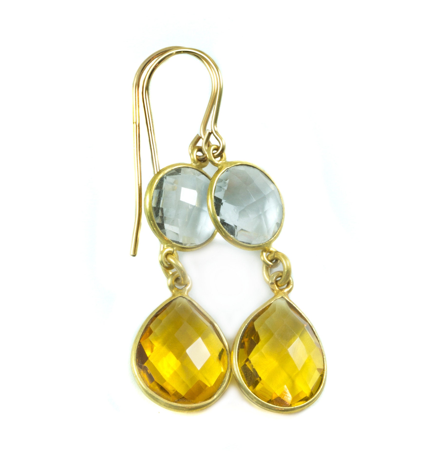 Gelbe Citrine Quarz Ohrringe Simulieren Facettierte Teardrop Double Drop Clear Quartz 14K Solid Gold Oder Gefüllt Bezel Set Spyglass Designs Simple von Spyglassdesigns