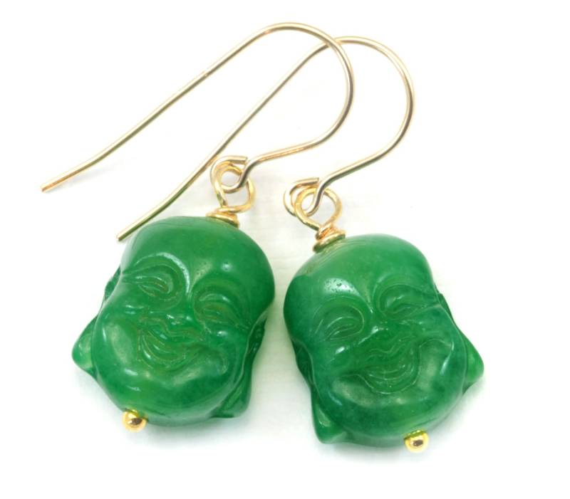 Grüne Glückliche Buddha-Kopf-Ohrringe Geschnitzte Teardrop Baumeln Tropfen Sterling Silber Oder 14K Solid Gold Gefüllt Quarzit Helle Leichte von Spyglassdesigns