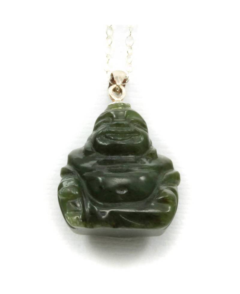 Jade Halskette Grün Nephrit Anhänger Buddha Sterling Silber Kette 18 Zoll Natürliche Tägliche Abnutzung Glückliches Sitzen Lächeln von Spyglassdesigns