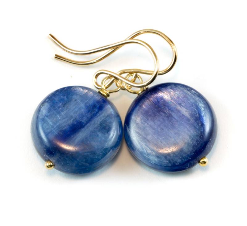 Kyanit Ohrringe Reiche Blau Hohe Qualität Glatte Einfache Natürliche Runde Knopf Tropfen 14K Massivgold Oder Filled Sterling Silber Zierliche von Spyglassdesigns
