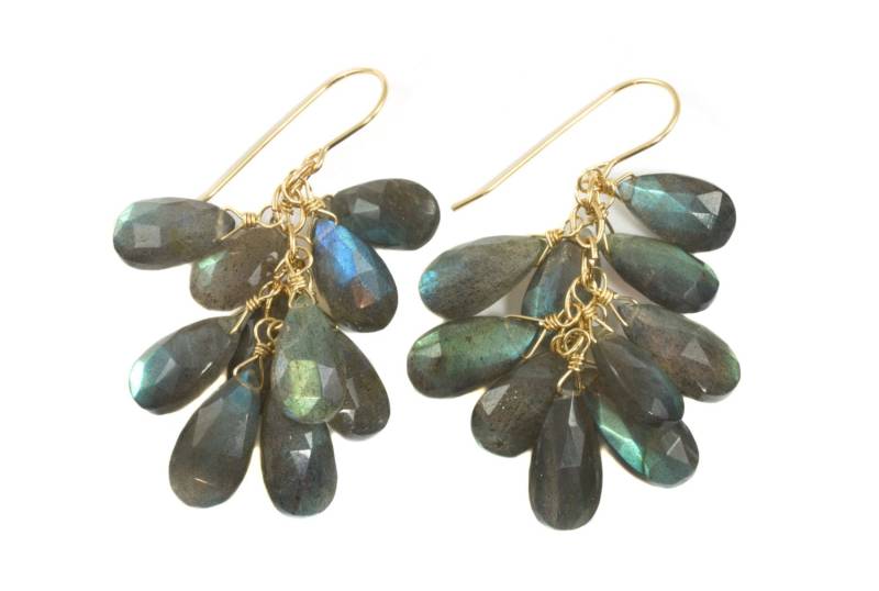 Labradorit Ohrringe 14K Massivgold Oder Gefüllte Cluster Stil Facettierte Tropfen Große Aaa Blau Grün Golden Blitz Birne Natürliche 2 Ihch von Spyglassdesigns