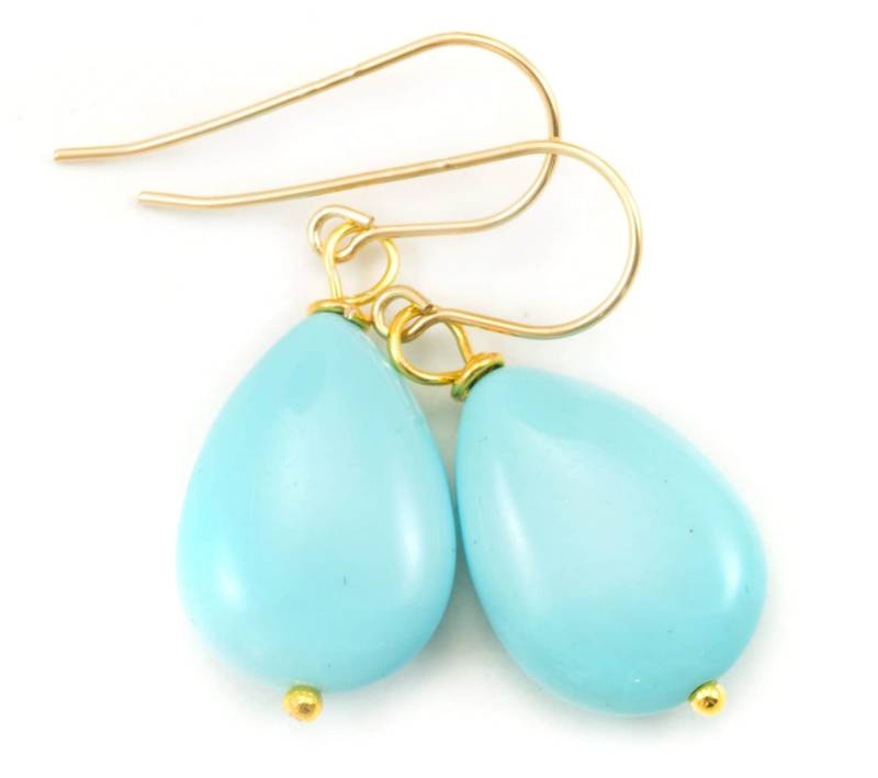 Leichte Baby Blau Türkis Ohrringe Teardrop Glatte Tropfen Sterling Silber Oder 14K Solid Gold Gefüllte Birnenform Einfache Zeitgenössisch von Spyglassdesigns