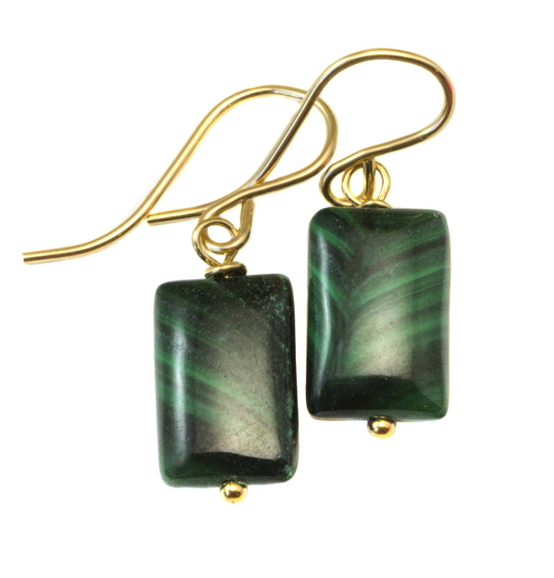 Malachit Ohrringe Grün Rechteck Glatt Natürliche Baumeln Tropfen Sterling Silber Oder 14K Solid Gold Filled Kleine Zierliche Einfaches Design von Spyglassdesigns