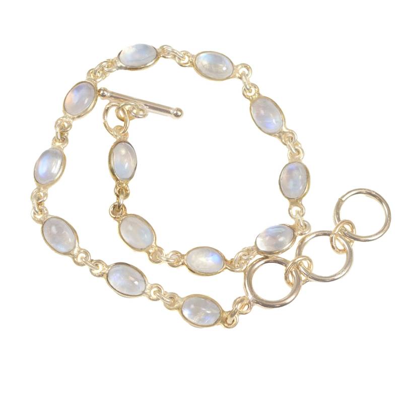 Mondstein Armband Lünette Knebelverschluss Glatter Regenbogen 14K Gold Gefüllt 7 8 Zoll Natürlicher Blauer Blitz Glatt Einstellbar von Spyglassdesigns