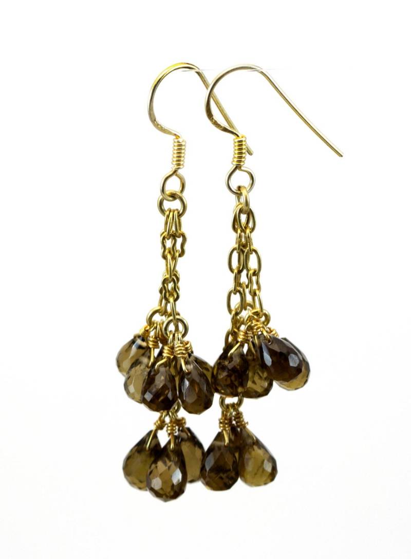 Olivenquarz Ohrringe Cluster Stil 14K Solid Gold Oder Filled Micro Facettierte Multiple Briolette Kronleuchter Natürliche Rauchige Olive Grün 2 Zoll von Spyglassdesigns