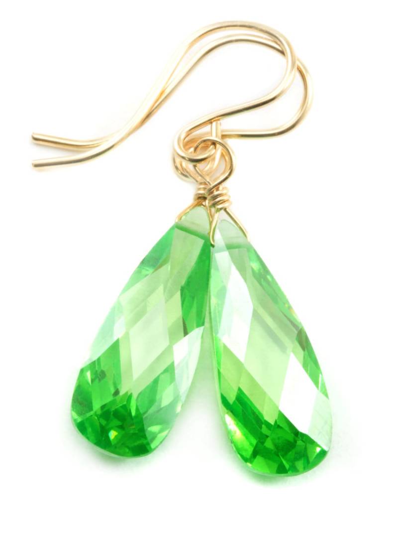 Peridot Grün Zirkonia Ohrringe Lange Teardrop Aaa Cz Sterling Silber Oder 14K Solid Gold Filled Facettiert Schliff Tropfen Einfach Leicht von Spyglassdesigns
