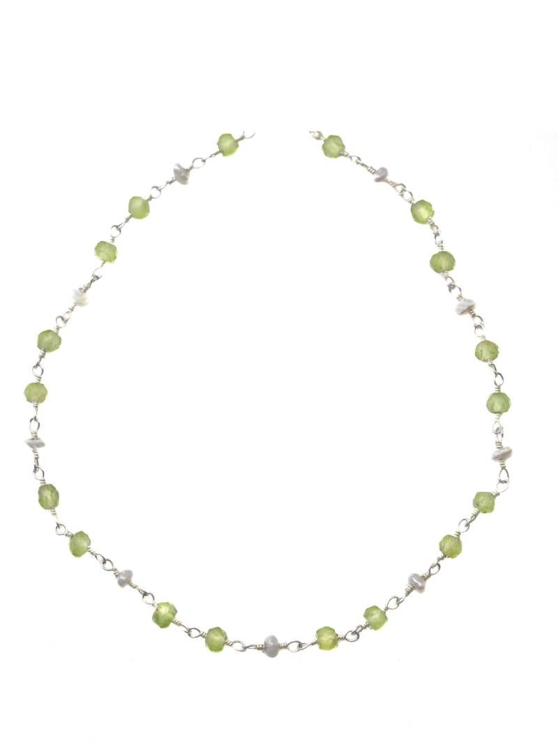 Peridot Und Kleine Perlenkette Sterling Silber Oder 14K Gold Gefüllt Süßwasserzuchtperlen Spaced Chain Link Facettiert 18 19 Zoll von Spyglassdesigns
