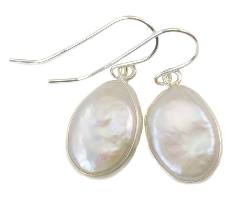 Perlenohrringe Süßwasserzucht Sterling Silber Bezel Set Oval Abrund Barock Hochglanz Schlicht Tropfen Alltagstauglich von Spyglassdesigns