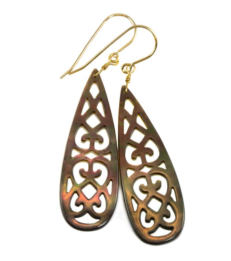 Perlmutt Ohrringe Pfau Black Lip Shell Geschnitztes Relief Tropfen Natürlich 14K Solid Gold Oder Filled Sterling Silber Large Luster Mop 2 von Spyglassdesigns