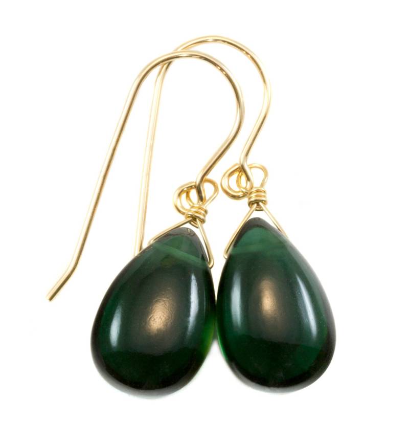 Quarz Ohrringe Simulierte Grüne Glatte Teardrop Pear Drop Sterling Silber Oder 14K Solid Gold Filled Zierliche Einfache Grüne Dunkle Farbe Tropfen von Spyglassdesigns