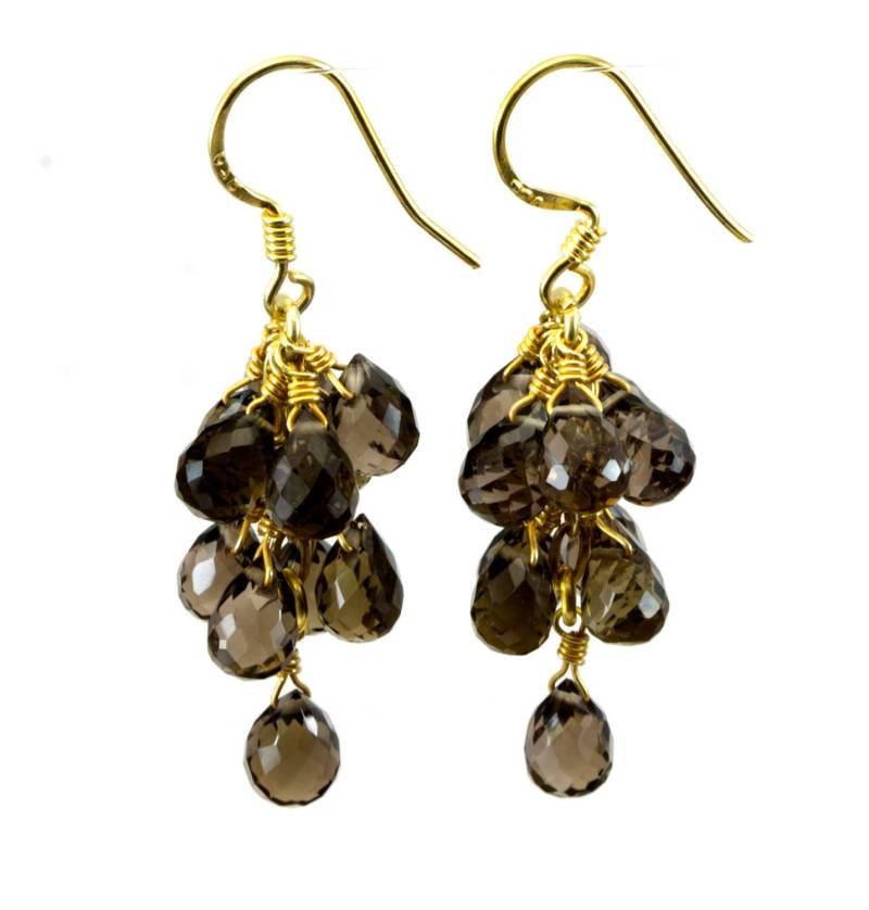 Rauchquarz Ohrringe Cluster Stil 14K Solid Gold Oder Filled Micro Facettierte Mehrere Brioletten Kronleuchter Natürliche Rauchgrau 1 1/2 Zoll von Spyglassdesigns