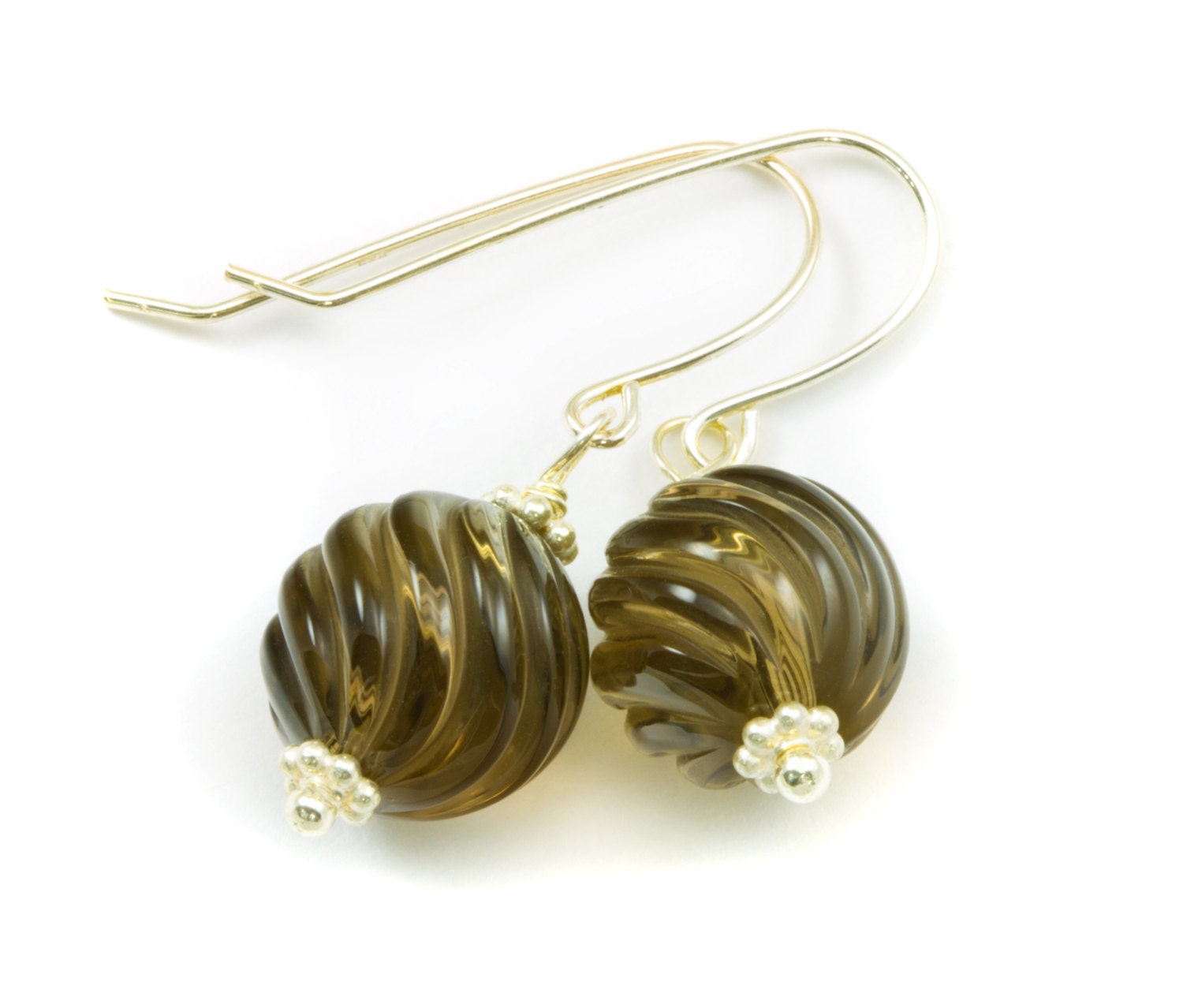 Rauchquarz Ohrringe Runde Sterling Silber Oder 14K Solid Gold Filled Fancy Carved Swirl Smooth Design Simple Classic Drops von Spyglassdesigns