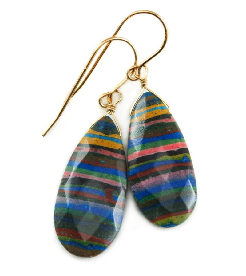 Regenbogen Calsilica Ohrringe Facettierte Teardrop Lange Briolettes Tropfen Sterling Silber Oder 14K Gold Filled Gestreift Mehrere Farben Blau Gelb von Spyglassdesigns