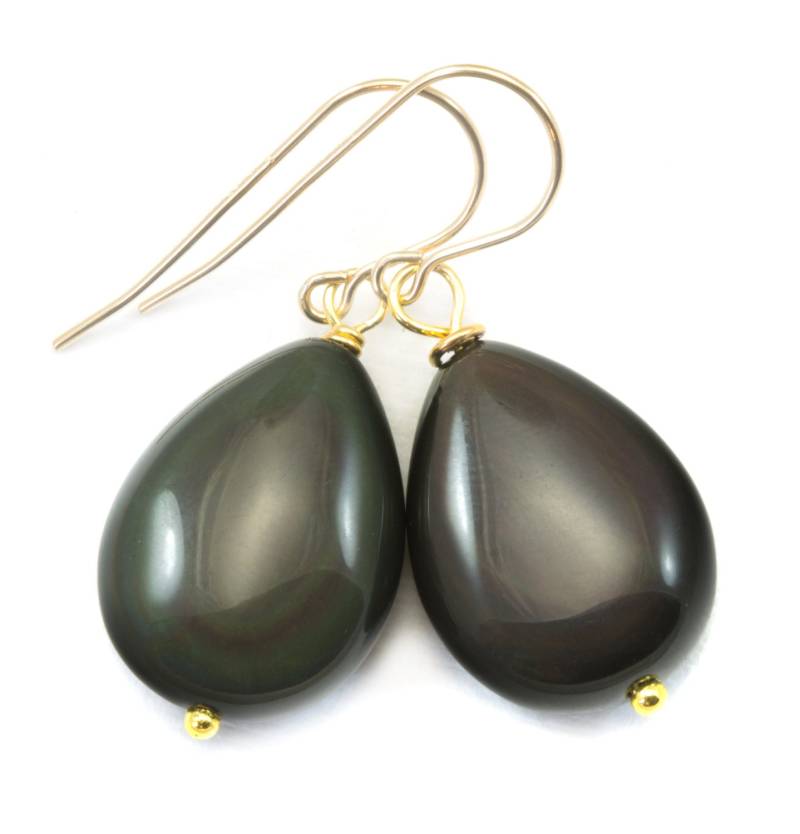 Regenbogen Obsidian Ohrringe Abgerundete Tropfen Glatte Sterling Silber Oder 14K Solid Gold Filled Echte Natürliche Einfache Puffed Classic Drops von Spyglassdesigns