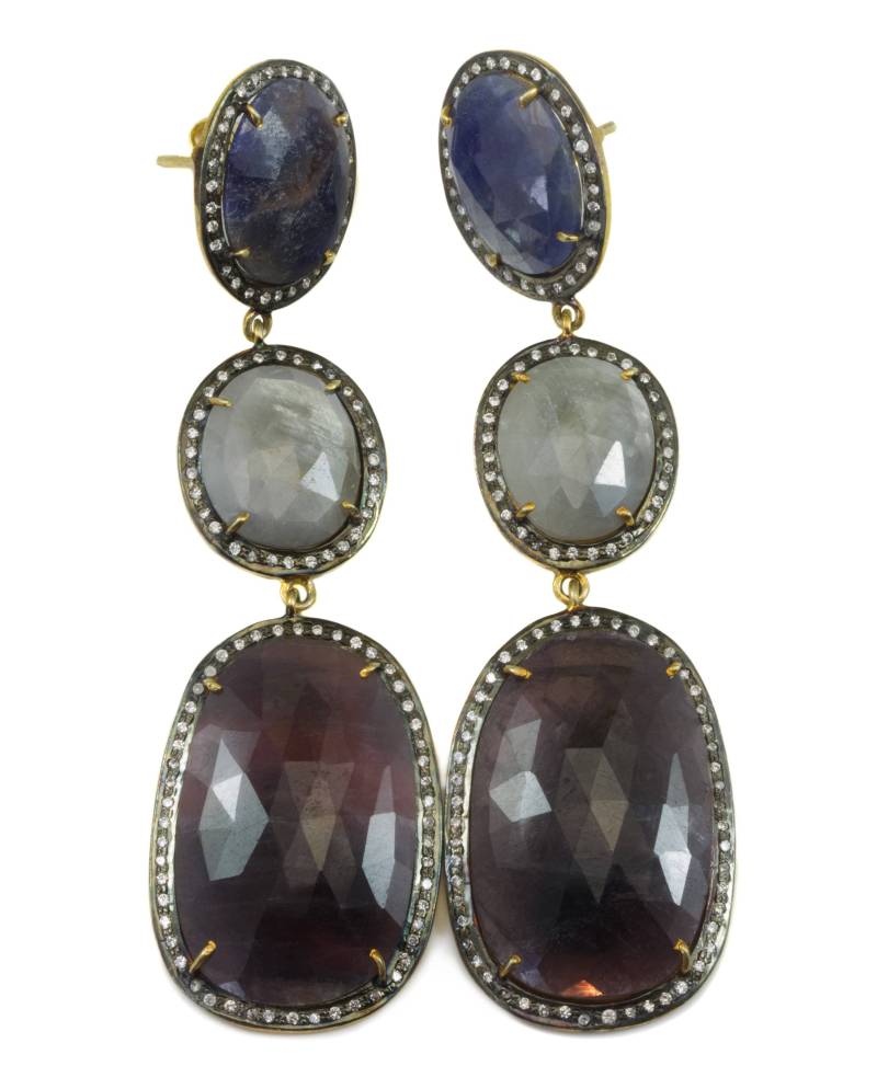 Rot Blau Weiß Saphir Ohrringe 14K Gelb Gold Bezel Off Runde Facettierte Topas Triple Hung Lange Tropfen Natürliche 3 Zoll Drop Post Stud von Spyglassdesigns