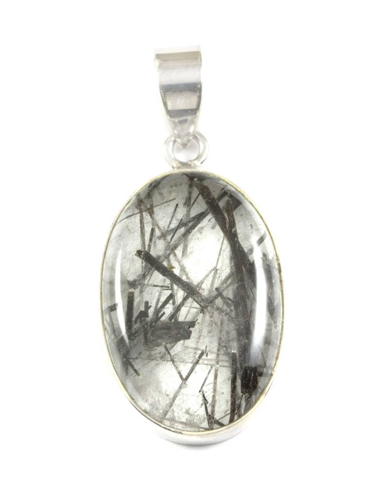 Schwarzer Rutil Turmalierter Quarz Anhänger Große Oval Halskette Sterling Silber Lünette Set Natürliche Glatte Cabochon Dicke Einfach von Spyglassdesigns