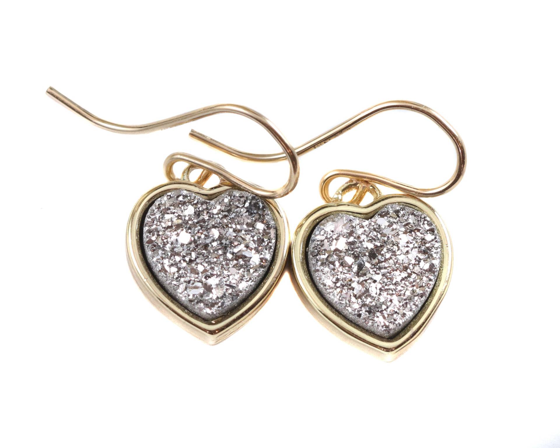 Silberfarbene Druzy Ohrringe Herz Tropfen 14K Gold Oder Gefüllte Französisch Ohrdrähte Blende Einfache Funkelnde Drusenquarz Schliff Zierlich Hell von Spyglassdesigns