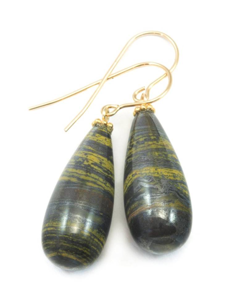 Tigerauge Ohrringe Glatte Lange Große Teardrop Baumeln Tropfen Sterling Silber Oder 14K Solid Gold Filled Natural Abgerundete Fat Drops von Spyglassdesigns