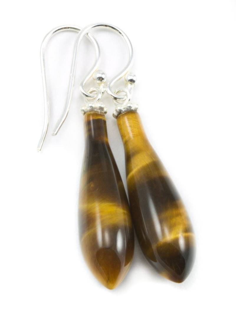 Tigerauge Ohrringe Glatte Lange Teardrop Baumeln Tropfen Sterling Silber Oder 14K Solid Gold Filled Natürliche Runde Perlen Akzente von Spyglassdesigns