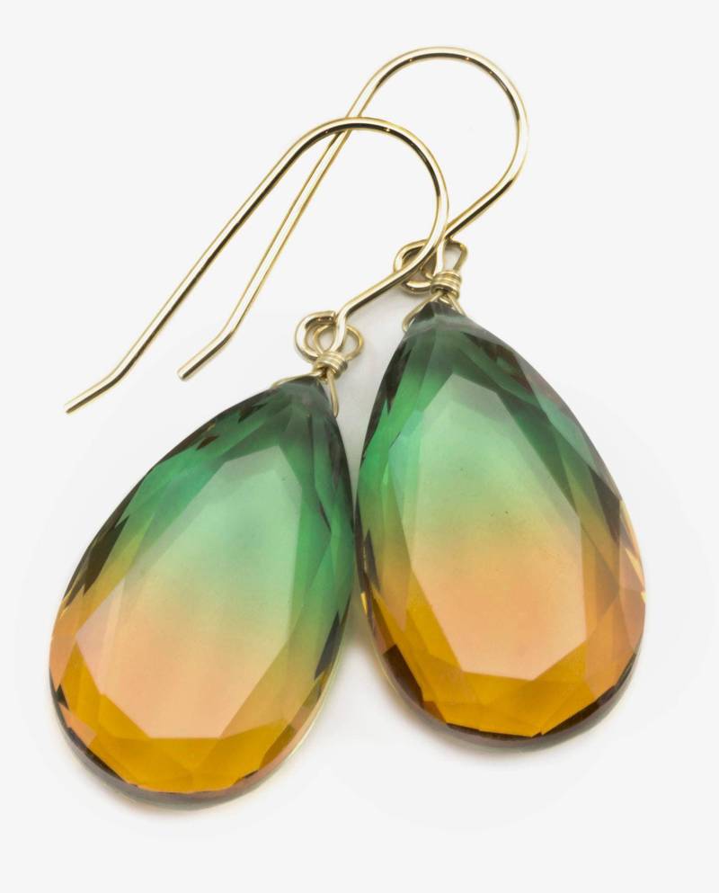 Wassermelone Bicolor Simulierte Turmalin Ohrringe Facet Große Bi Farbe Teardrop Grün Honig Gelb Bernstein Sterling Silber 14K Gold Oder Filled von Spyglassdesigns